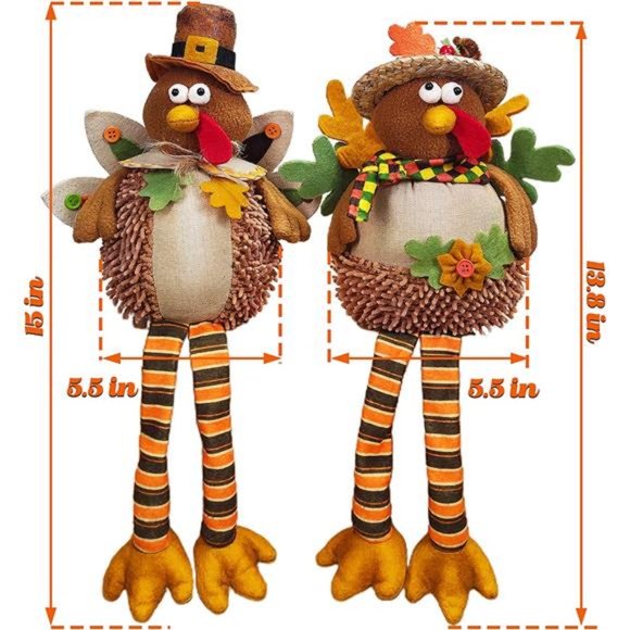 15 Inch 2 Pack Stuffed Turkey Couple Doll Thanksgiving Tabletop Decorations - Picture 2 of 6